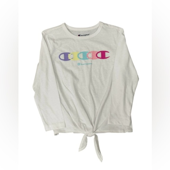 Champion Other - Champion Girls White Long Sleeve Front Tie Shirt Top, Size 5,Multi Color Logo
